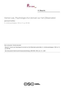 Vernon Lee, Psychologie d un écrivain sur l art (Observation personnelle) - compte-rendu ; n°1 ; vol.10, pg 487-492