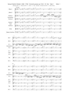 Partition , Vivace, Concerto Grosso en B-flat major, Solo: Oboe + 2 Violins, 2 Cellos Orchestra: 2 Oboes + 2 Violins, Viola, Cello + Continuo (Basses, Bassoons, Keyboard) I. Vivace: Oboe 1, 2, Violin 1, 2 (concertino), Violins I, II, Violas, Cellos / Continuo (Basses, Keyboard)II. Largo: Oboe (Solo), Violins I, II, Violas, Cello 1, 2 (concertino), Cellos / Continuo (Basses, Keyboard)III. Allegro: Oboe 1, 2, Violins I, II, Violas, Cello / Continuo (Basses, Keyboard)IV. Minuetto: Oboe 1, 2, Violin 1,2 (concertino), Violins I, II, Violas, Cellos / Continuo (Basses, Keyboard)V. Gavotte: Oboe 1, 2, Violins I, II, Violas, Cellos, Continuo (Basses, Bassoons, Keyboard)