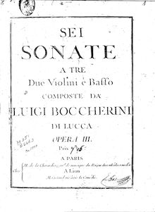 Partition violon 1, 6 corde Trios, G.119-124, Sei sonate a tre. Due violini e bassi, opera III.