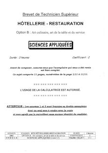 Sciences appliquées 2002 Art culinaire, art de la table et du service BTS Hôtellerie restauration