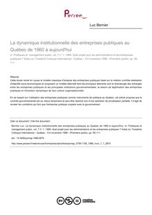 La dynamique institutionnelle des entreprises publiques au Québec de 1960 à aujourd hui - article ; n°1 ; vol.7, pg 95-111