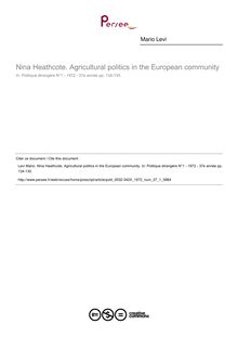 Nina Heathcote. Agricultural politics in the European community  ; n°1 ; vol.37, pg 134-135