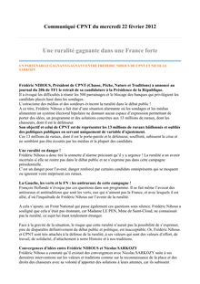 Communiqué CPNT du mercredi 22 février 2012 : Une ruralité gagnante dans une France forte