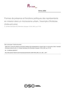 Formes de présence et fonctions politiques des représentants en mission dans un microcosme urbain, l exemple d Amboise (Indre-et-Loire) - article ; n°1 ; vol.330, pg 87-100