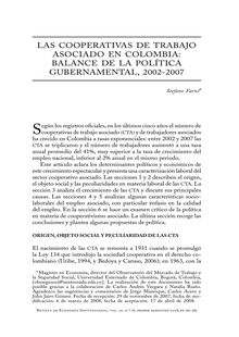 Las cooperativas de trabajo asociado en Colombia: balance de la política gubernamental 2002-2007 (Associated Worker Cooperatives in Colombia: Public Policies Balance 2002-2007)