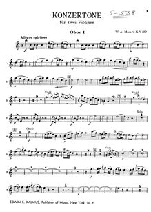 Partition hautbois 1, 2, Concertone, Concertone No.2, C major, Mozart, Wolfgang Amadeus