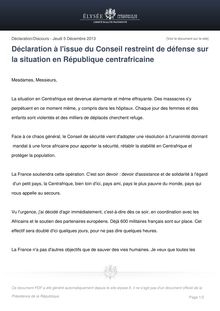 Déclaration de François Hollande à l‘issue du Conseil restreint de défense sur la situation en République centrafricaine
