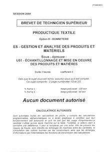 Echantillonnage et mise en oeuvre des produits et matières 2004 Bonneterie BTS Productique - textile