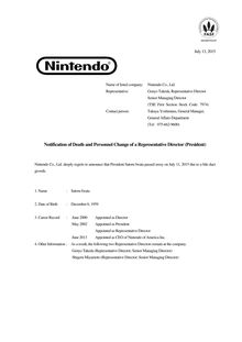 Nintendo perd son PDG Satoru Iwata
