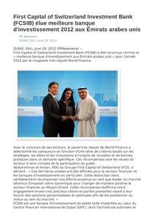First Capital of Switzerland Investment Bank (FCSIB) élue meilleure banque d investissement 2012 aux Émirats arabes unis