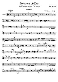 Partition cor 1 (en A, D), clarinette Concerto, A major, Mozart, Wolfgang Amadeus