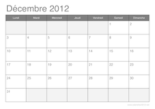 Calendrier du mois de décembre 2012
