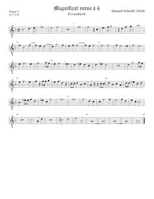 Partition 1st verse (Et exultavit) − ténor viole de gambe 1, octave aigu clef, Tabulatura Nova