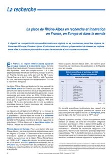 La place de Rhône-Alpes en recherche et innovation en France, en Europe et dans le monde