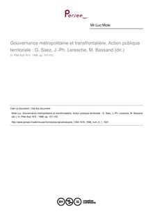 Gouvernance métropolitaine et transfrontalière, Action publique territoriale : G. Saez, J.-Ph. Leresche, M. Bassand (dir.)  ; n°1 ; vol.9, pg 151-153