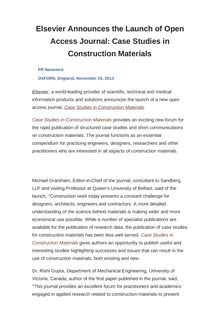Elsevier Announces the Launch of Open Access Journal: Case Studies in Construction Materials
