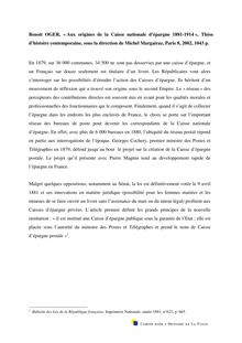 Benoit OGER, " Aux origines de la Caisse nationale d épargne ...