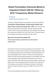 Global Fermentation Chemicals Market is Expected to Reach USD 60.1 Billion by 2019: Transparency Market Research