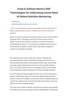 Frost & Sullivan Honors GNF Technologies for Addressing Unmet Need of Patient Nutrition Monitoring