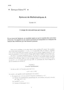 Mathématiques A 2005 Classe Prepa PT Banque Filière PT