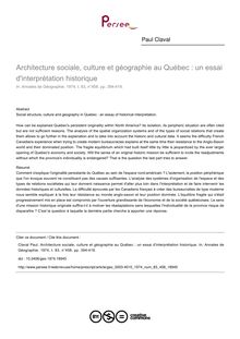 Architecture sociale, culture et géographie au Québec : un essai d interprétation historique - article ; n°458 ; vol.83, pg 394-419