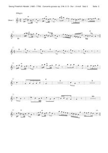 Partition hautbois 1, Concerto Grosso en D major, HWV 317, HWV 317 ; Op.3 No.6 par George Frideric Handel