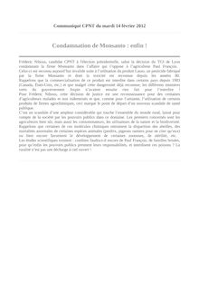 Communiqué CPNT du mardi 14 février 2012 : Condamnation de Monsanto