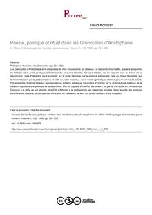 Poésie, politique et rituel dans les Grenouilles d Aristophane - article ; n°2 ; vol.1, pg 291-308