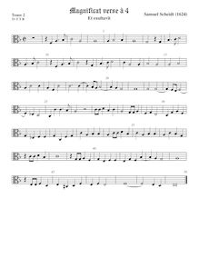 Partition 1st verse (Et exultavit) − ténor viole de gambe 2, alto clef, Tabulatura Nova