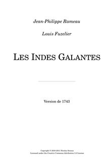 Partition Rehearsal score, Les Indes galantes, Opéra-ballet, Rameau, Jean-Philippe
