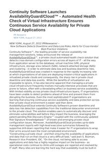 Continuity Software Launches AvailabilityGuard/Cloud™ - Automated Health Check of Virtual Infrastructure Ensures Continuous Service Availability for Private Cloud Applications