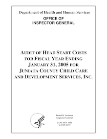 Audit of Head Start Costs for Fiscal Year Ending January 31, 2005 for  Juniata County Child Care and