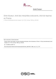 Droit d auteur, droit des interprètes exécutants, droit de réponse en France - article ; n°2 ; vol.41, pg 403-420