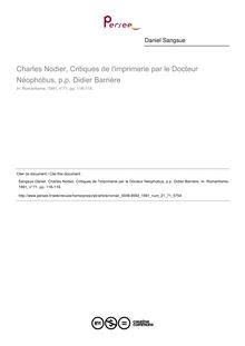 Charles Nodier, Critiques de l imprimerie par le Docteur Néophobus, p.p. Didier Barrière  ; n°71 ; vol.21, pg 118-119
