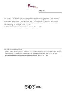R. Toru :  Etudes archéologiques et ethnologiques. Les Aïnou des Iles Kouriles (Journal of the College of Science, Imperial University of Tokyo, vol. XLII) - article ; n°1 ; vol.19, pg 82-84