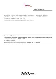 Religion, statut social et identité féminine / Religion, Social Status and Feminine Identity - article ; n°1 ; vol.95, pg 69-94