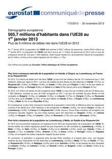 505,7 millions d habitants dans l UE28 au 1er janvier 2013 - Plus de 5 millions de bébés nés dans l UE28 en 2012