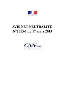 Rapport relatif à l avis Net Neutralité N°2013-1 du 1er mars 2013