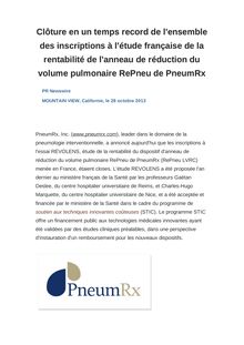 Clôture en un temps record de l ensemble des inscriptions à l étude française de la rentabilité de l anneau de réduction du volume pulmonaire RePneu de PneumRx