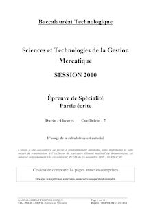 Sujet du bac STG 2010: Mercatique (Marketing), terminale STG, Métropole