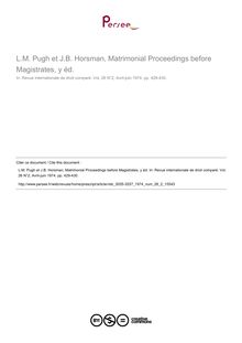 L.M. Pugh et J.B. Horsman, Matrimonial Proceedings before Magistrates, y éd. - note biblio ; n°2 ; vol.26, pg 429-430