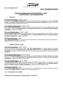 CCFA : Marché automobile français (VP) août 2013/2012 : - 10,9 % 8 mois 2013/2012 : - 9,8 % (données brutes)