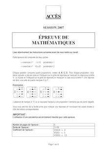 Mathématiques 2007 Concours Accès