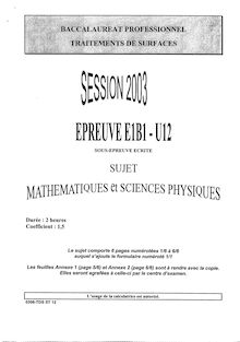 Mathématiques et sciences physiques 2003 Bac Pro - Traitements de surfaces