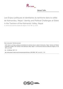 Les Enjeux politiques et identitaires du tantrisme dans la vallée de Katmandou, Népal / Identity and Political Challenges at Stake in the Tantrism of the Katmandu Valley, Nepal - article ; n°1 ; vol.99, pg 33-46