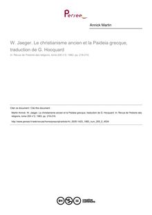 W. Jaeger. Le christianisme ancien et la Paideia grecque, traduction de G. Hocquard  ; n°2 ; vol.200, pg 218-219