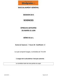 Sujet BAC ES et L 2015 Sciences (anticipé)