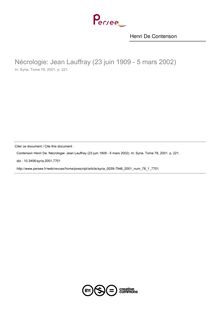 Nécrologie: Jean Lauffray (23 juin 1909 - 5 mars 2002) - article ; n°1 ; vol.78, pg 221-221