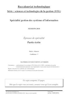 Sujet du bac STG 2010: Gestion des Systèmes d Information