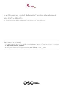 J.M. Mousseron, Le droit du brevet d invention. Contribution à une analyse objective - note biblio ; n°1 ; vol.14, pg 234-237